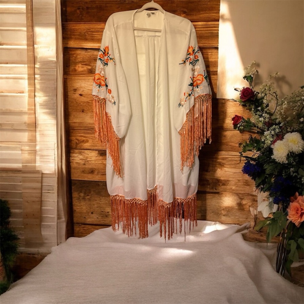 Cato White and Orange Floral Kimono with Fringe